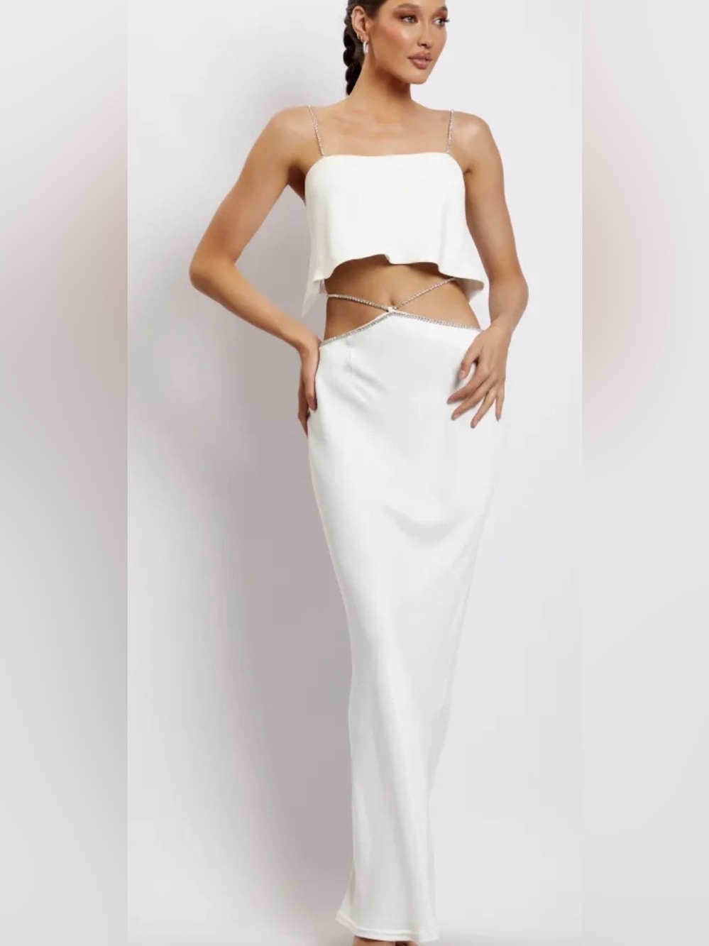 NWT Meshki Dayana Diamante White Satin Maxi Skirt Size XXL